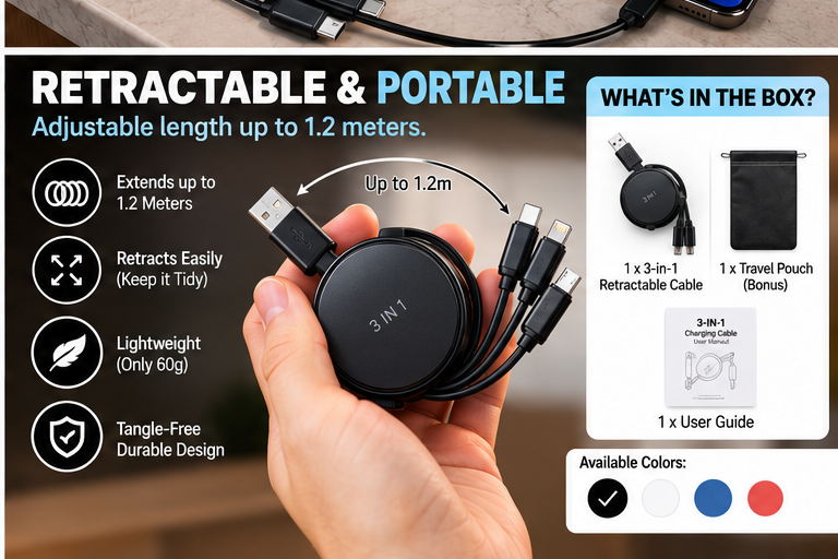 3-in-1 retractable charging cable portable design
