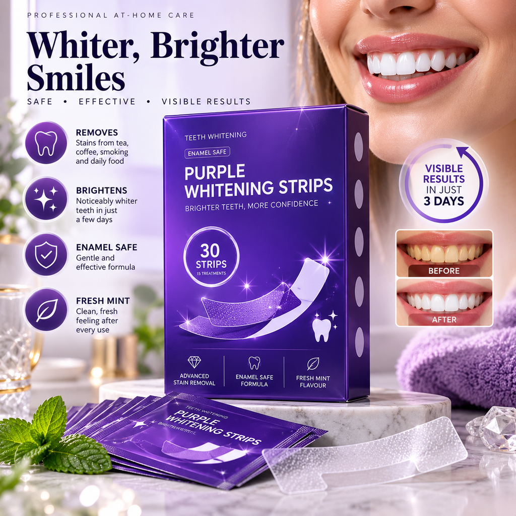 Premium purple whitening strips promotional visual 1; illustrative imagery