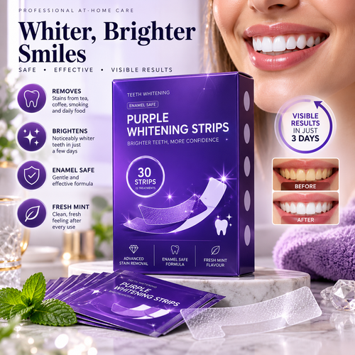 Premium purple whitening strips promotional visual 1; illustrative imagery