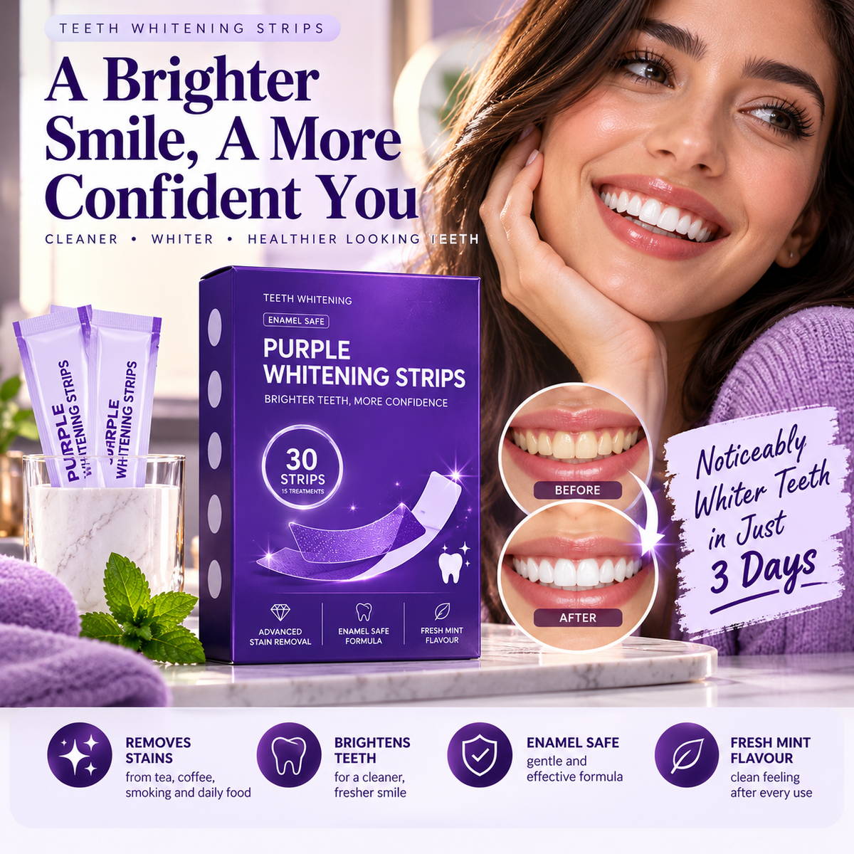 Premium purple whitening strips promotional visual 2; illustrative imagery