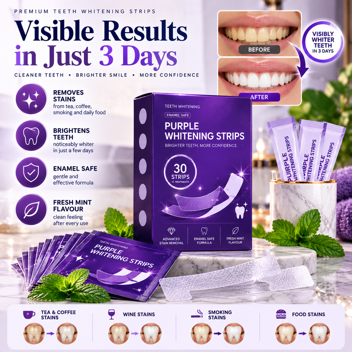 Premium purple whitening strips promotional visual 3; illustrative imagery