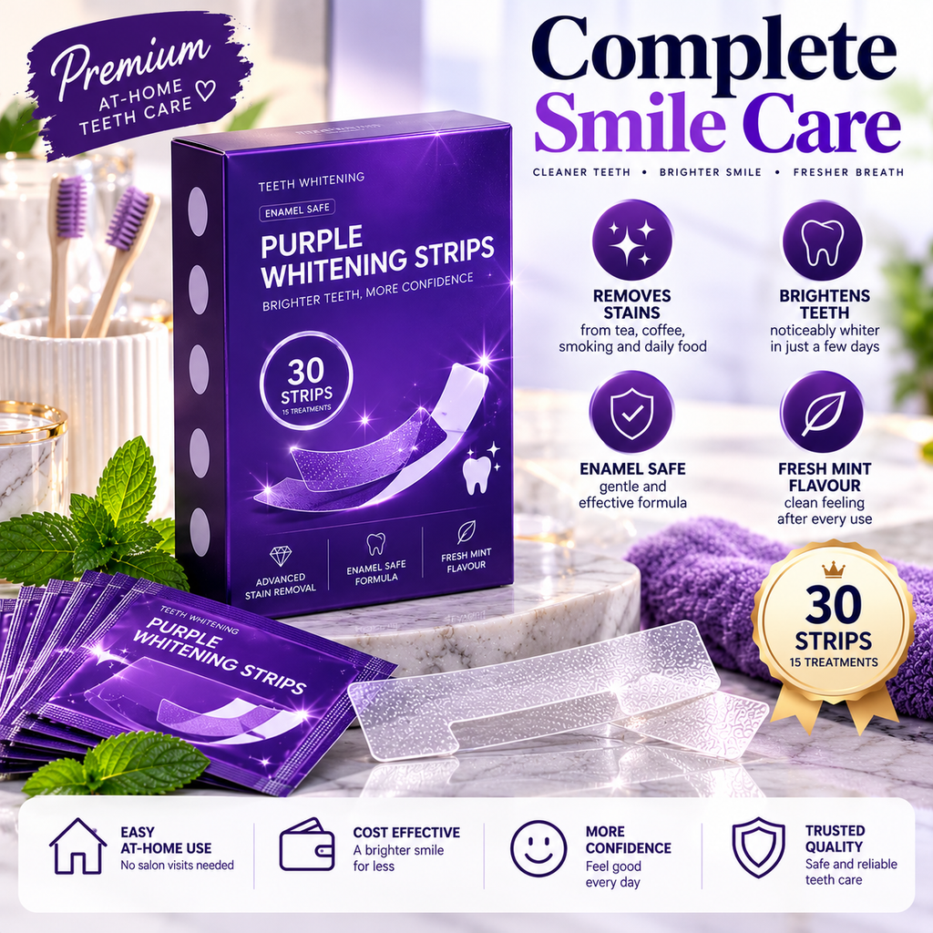 Premium purple whitening strips promotional visual 4; illustrative imagery