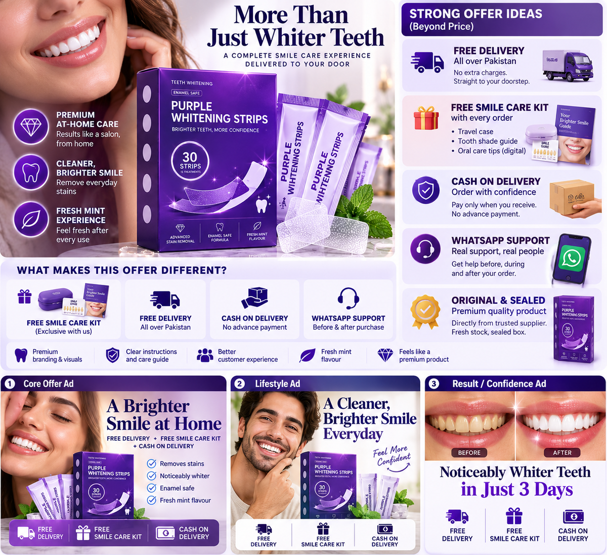 Premium purple whitening strips promotional visual 5; illustrative imagery