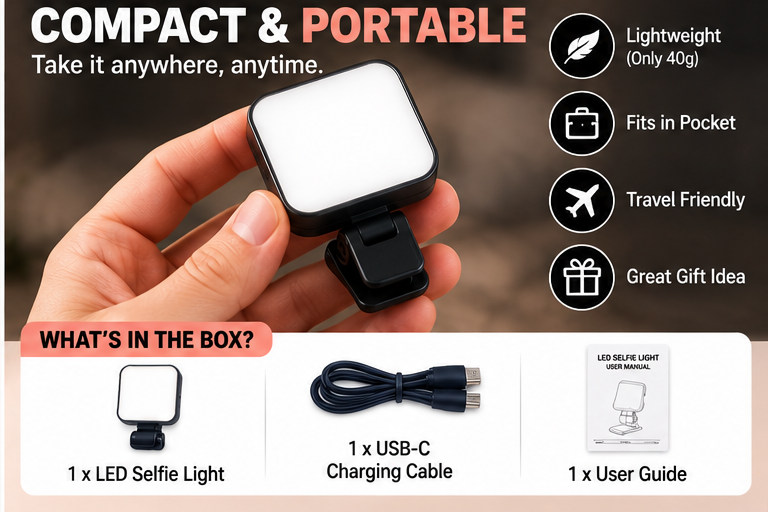 LED selfie light portable design and package contents