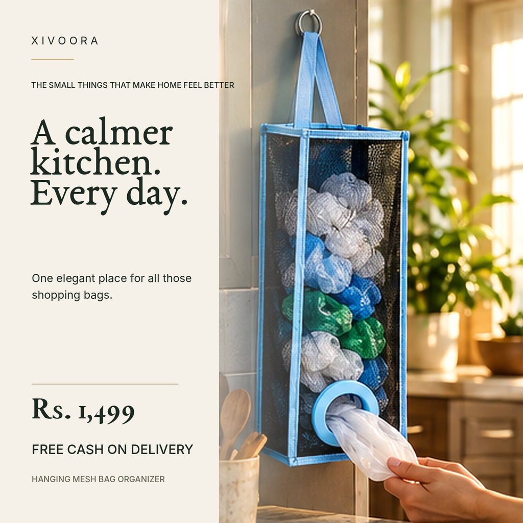 Premium hanging mesh plastic-bag organizer in a warm kitchen — Rs. 1,499, free cash on delivery