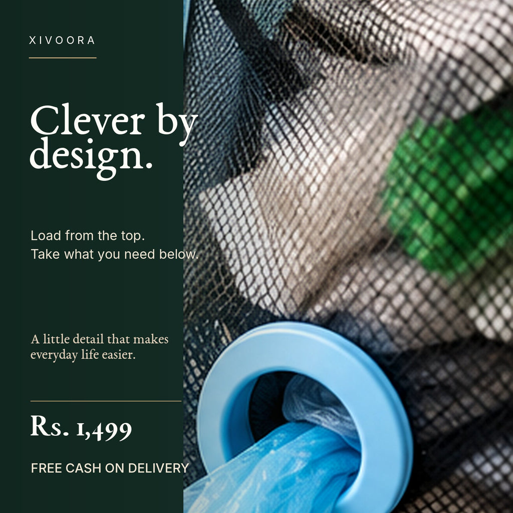 Close-up of mesh organizer's bottom dispensing ring, Rs. 1,499 and free cash on delivery